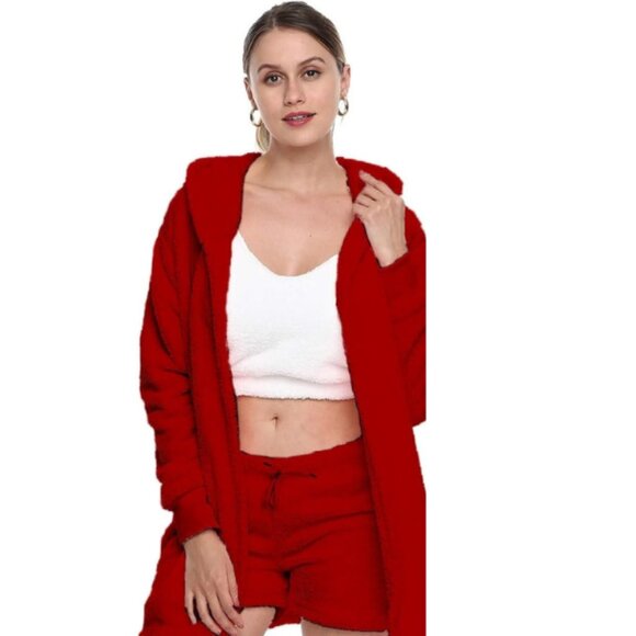 Women’s 3-Piece Sherpa Fleece Outfit – Warm Jacket Coat, Crop Top & Shorts  XXL - Picture 1 of 3
